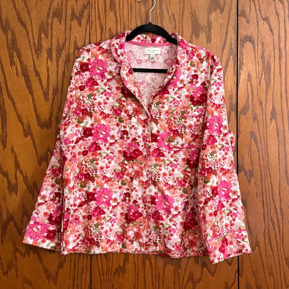 Ted Baker London Floral Pajama Top Large Pink Button Front Sleep Shirt